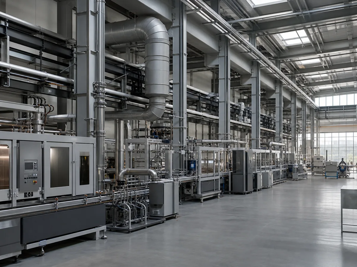 Modern manufacturing hall with organised production equipment and industrial piping