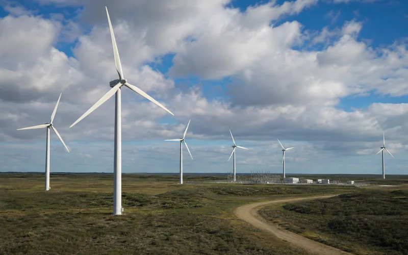 Wind farm turbines in open landscape under natural daylight