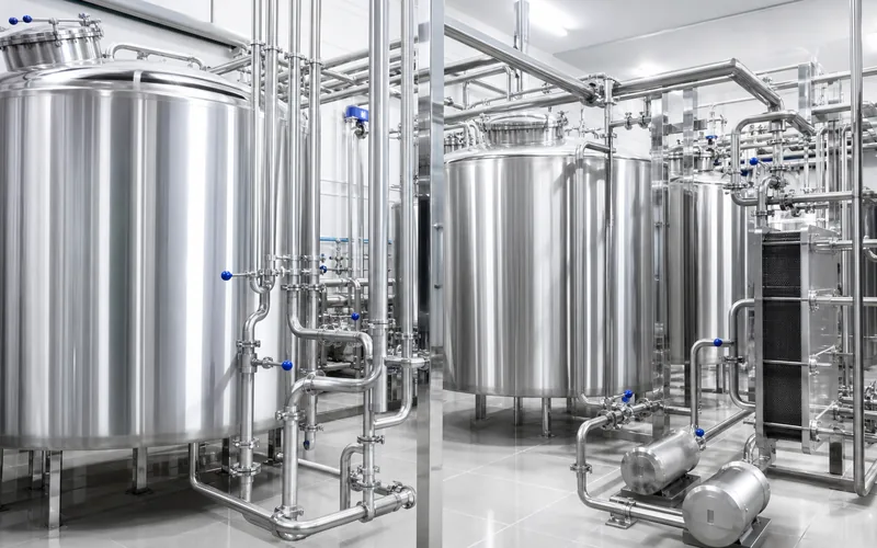 Hygienic dairy processing facility with stainless steel tanks and sanitary pipework