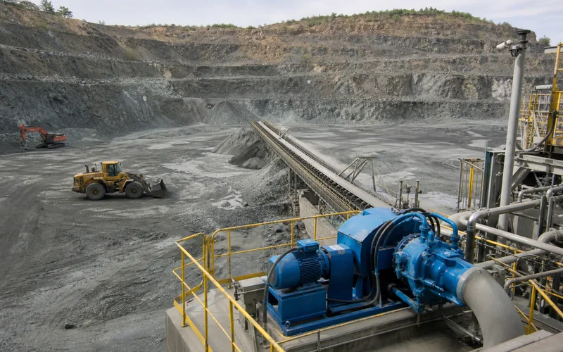 Open-pit mining site with heavy equipment, conveyor systems and industrial pumps