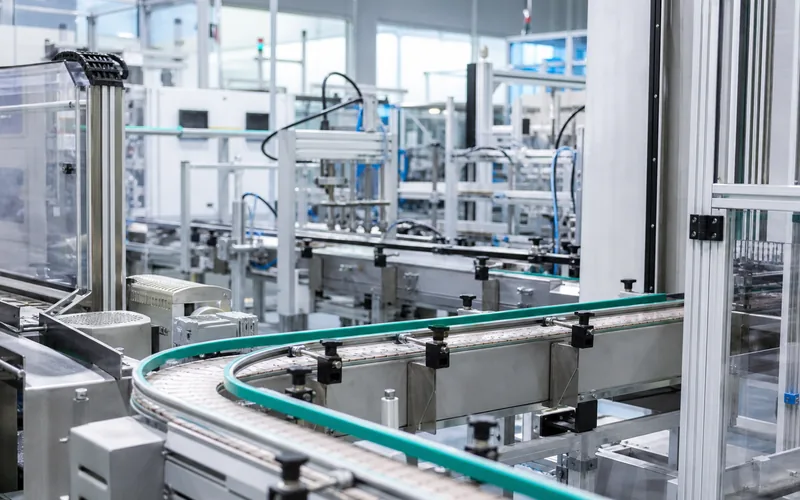 Modern manufacturing hall with production equipment and industrial piping