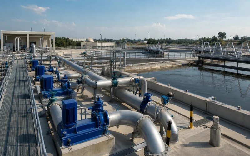 Water treatment plant with pumps, pipework manifolds and clarifier basins