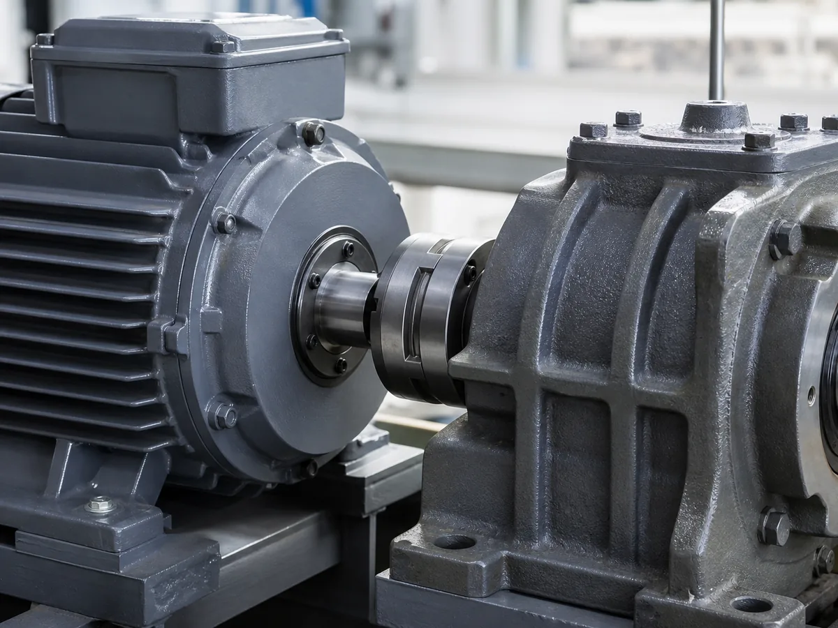 Close-up of an industrial electric motor and gearbox assembly
